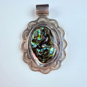 Southwestern 15.1 CT Abalone Rays Edge Sterling 925 Silver Mexico Pendant 1.8"